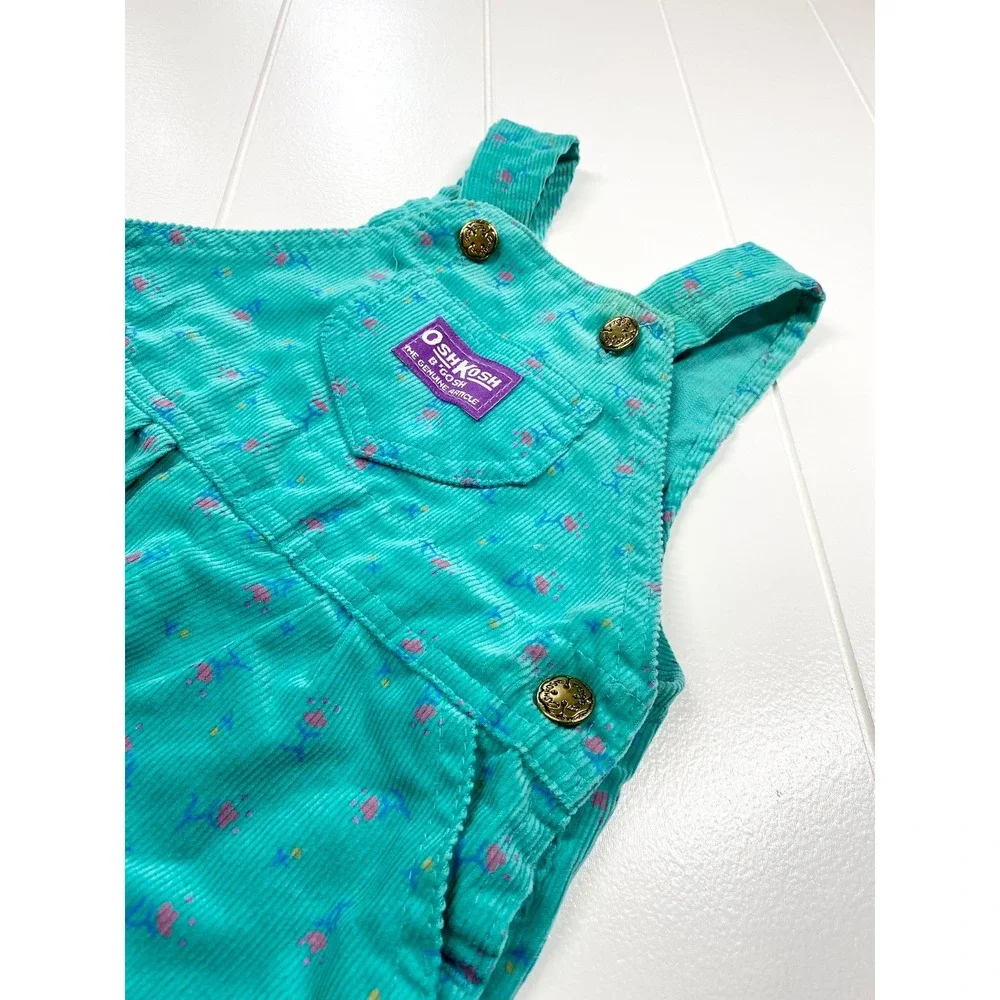 Vintage Oshkosh BGosh Teal Floral Corduroy Footie Overalls,‎ Size 6-9 Months